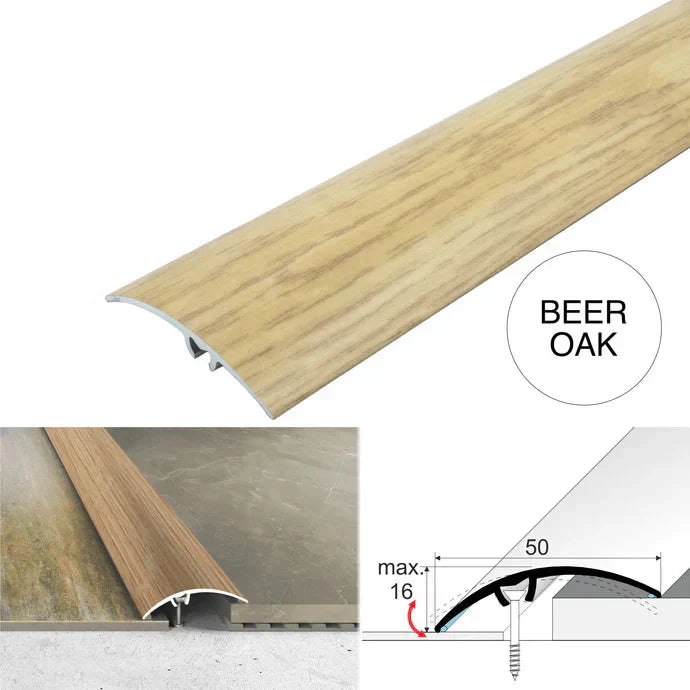 50mm Aluminium Wood Effect Floor Transition Strip with Hidden Screw Fixing