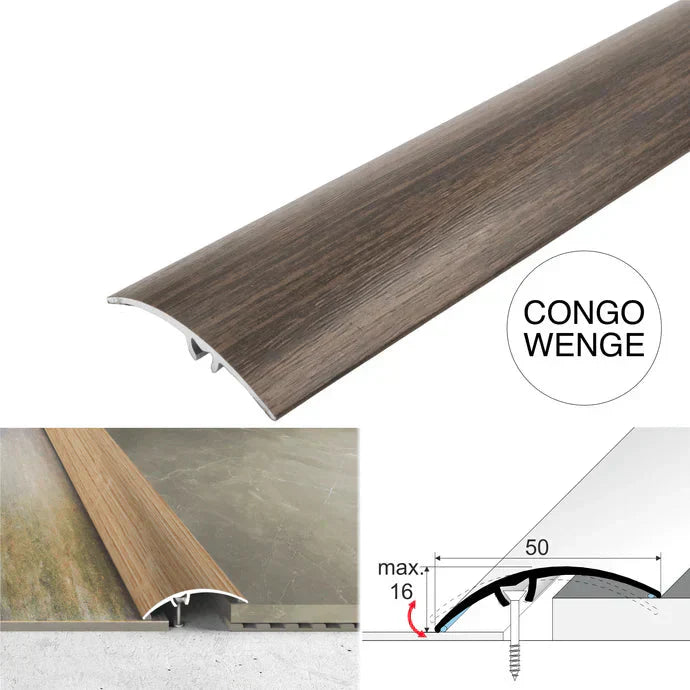 50mm Aluminium Wood Effect Floor Transition Strip with Hidden Screw Fixing