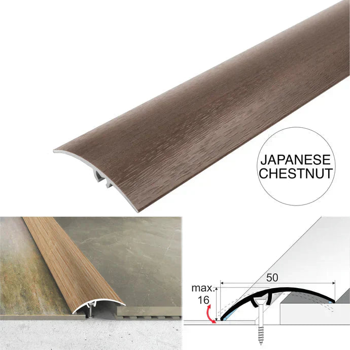 50mm Aluminium Wood Effect Floor Transition Strip with Hidden Screw Fixing