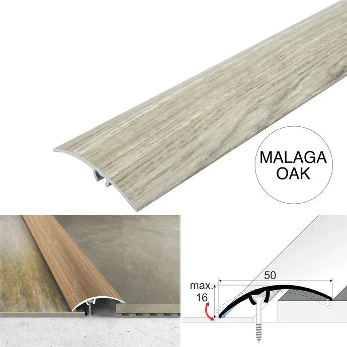 50mm Aluminium Wood Effect Floor Transition Strip with Hidden Screw Fixing