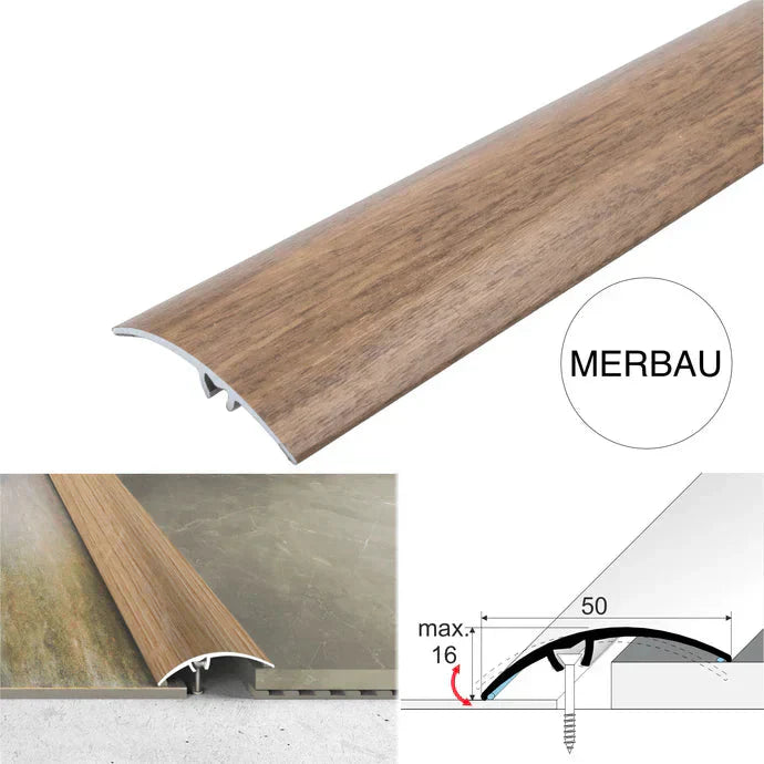 50mm Aluminium Wood Effect Floor Transition Strip with Hidden Screw Fixing