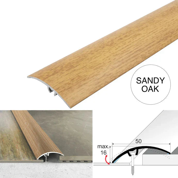 50mm Aluminium Wood Effect Floor Transition Strip with Hidden Screw Fixing