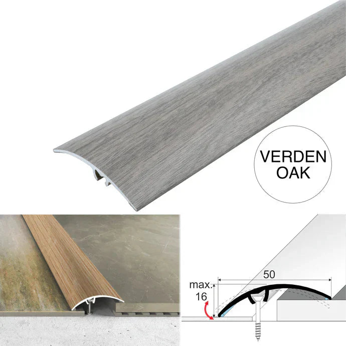 50mm Aluminium Wood Effect Floor Transition Strip with Hidden Screw Fixing