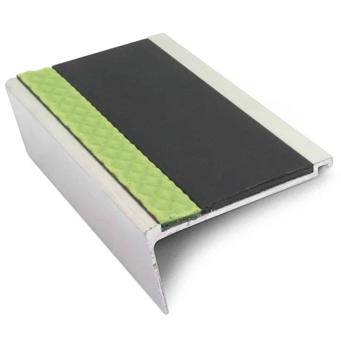 63 × 32mm Aluminator Rakeback Aluminium Stair Nosing with Glow-in-the-Dark Strip and Anti-Slip PVC insert