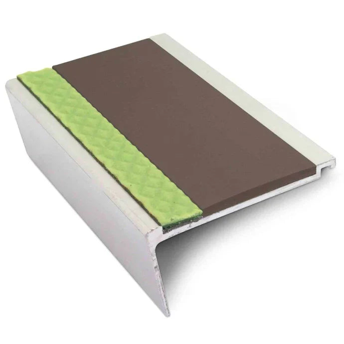 63 × 32mm Aluminator Rakeback Aluminium Stair Nosing with Glow-in-the-Dark Strip and Anti-Slip PVC insert