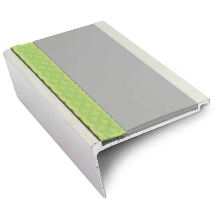 63 × 32mm Aluminator Rakeback Aluminium Stair Nosing with Glow-in-the-Dark Strip and Anti-Slip PVC insert