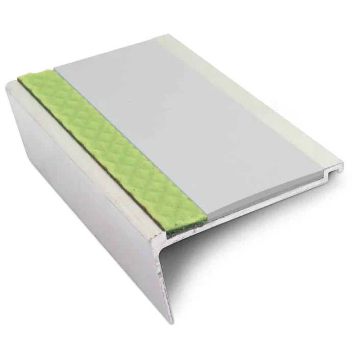 63 × 32mm Aluminator Rakeback Aluminium Stair Nosing with Glow-in-the-Dark Strip and Anti-Slip PVC insert