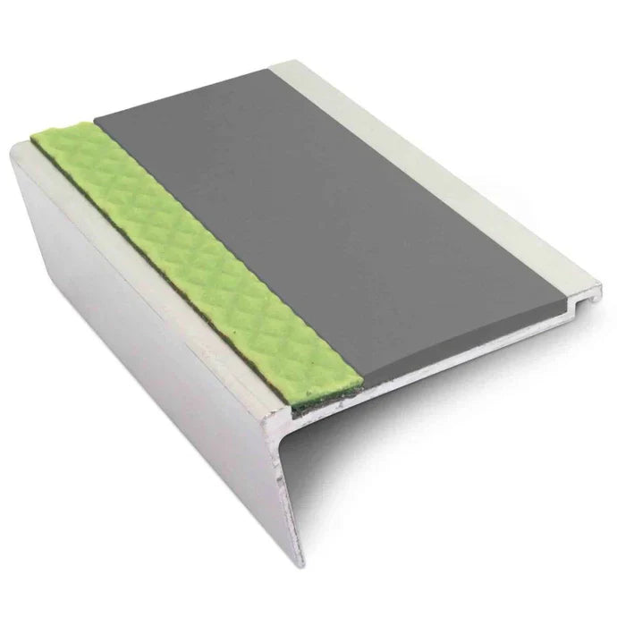 63 × 32mm Aluminator Rakeback Aluminium Stair Nosing with Glow-in-the-Dark Strip and Anti-Slip PVC insert