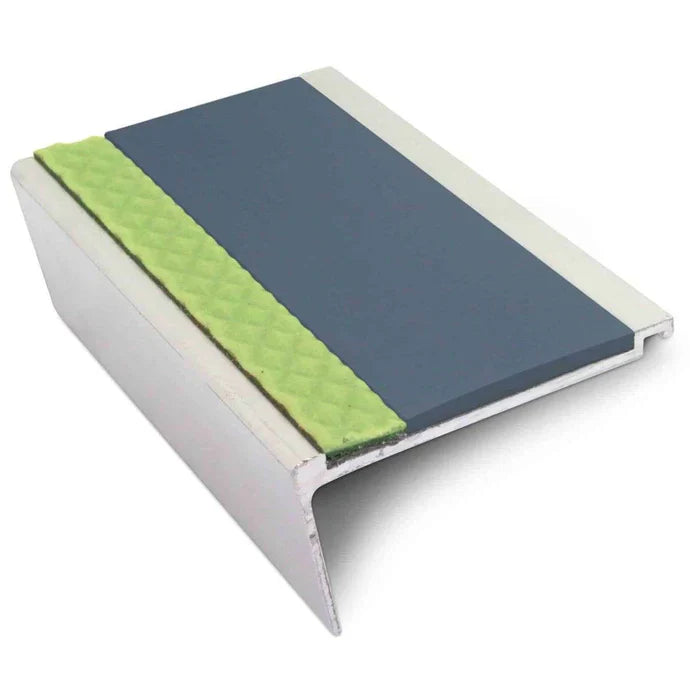63 × 32mm Aluminator Rakeback Aluminium Stair Nosing with Glow-in-the-Dark Strip and Anti-Slip PVC insert
