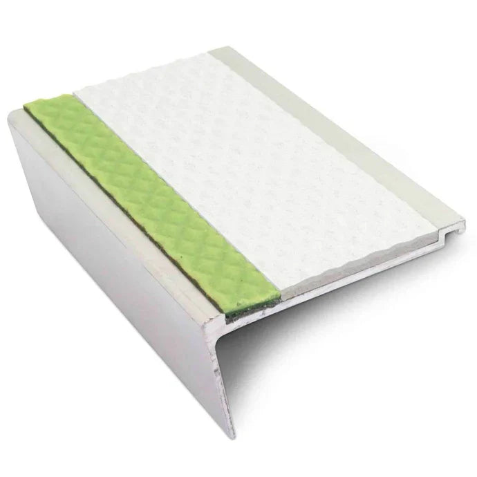 63 x 32mm Tredsafe Non Slip Aluminium Rakeback Stair Nosing with Glow in the Dark Strip