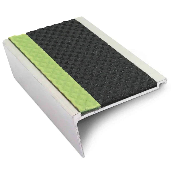 63 x 32mm Tredsafe Non Slip Aluminium Rakeback Stair Nosing with Glow in the Dark Strip