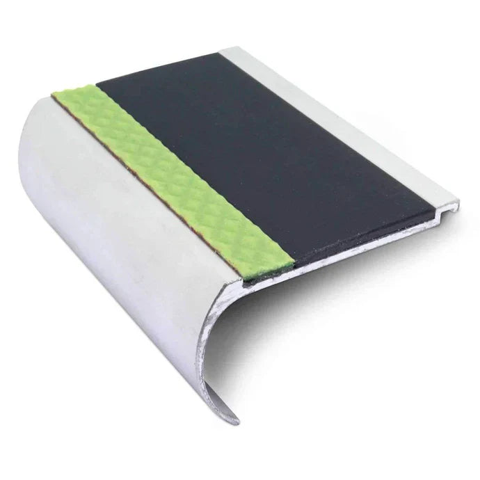 70 × 40mm Aluminator Bullnose Aluminium Stair Nosing with Glow-in-the-Dark Anti-Slip Strip