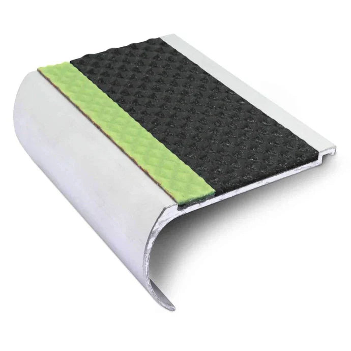 70 x 40mm Aluminium Bullnose Non Slip Stair Nosing with Tredsafe Insert and Glow in the Dark Strip