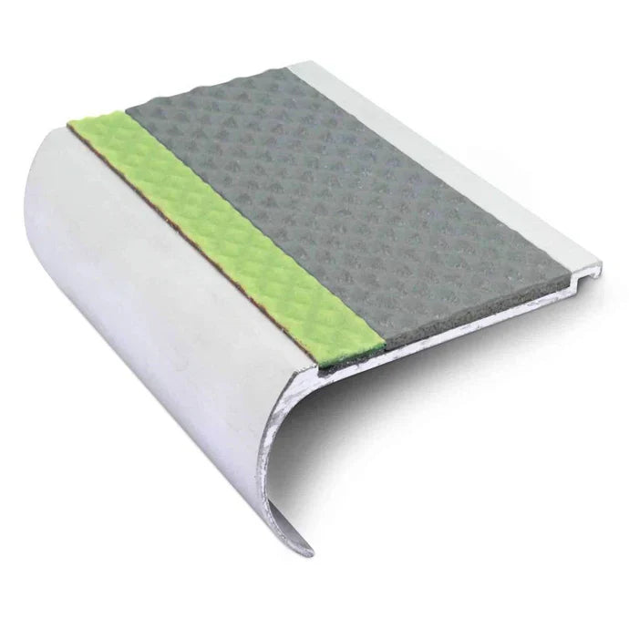 70 x 40mm Aluminium Bullnose Non Slip Stair Nosing with Tredsafe Insert and Glow in the Dark Strip