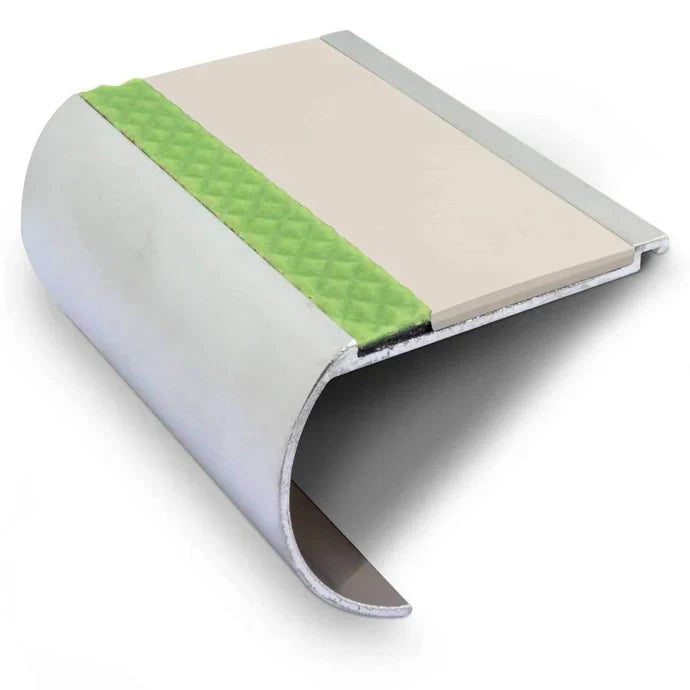 71 x 55mm Extra-Wide Bullnose Step Edge with PVC Grip and Glow Strip – Heavy Duty Non-Slip Aluminator Aluminium Stair Nosing