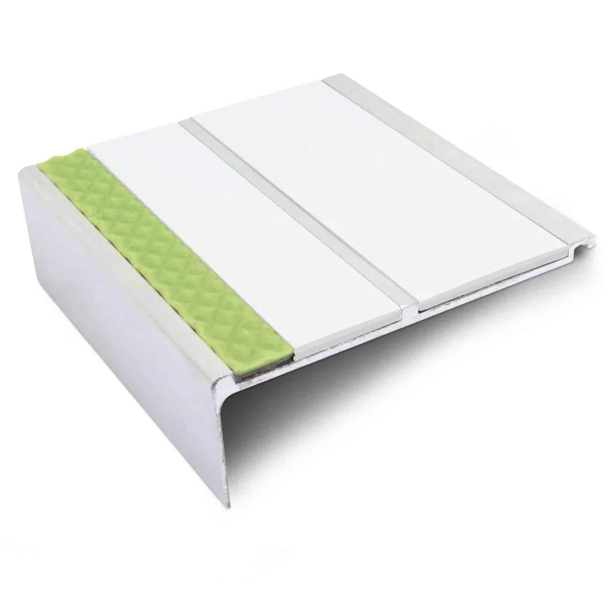 91 × 32mm Straight Edge Aluminium Stair Nosing with Twin PVC Inserts and Aluminator Glow Strip