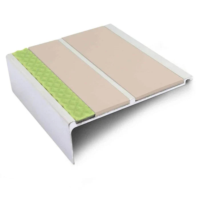 91 × 32mm Straight Edge Aluminium Stair Nosing with Twin PVC Inserts and Aluminator Glow Strip