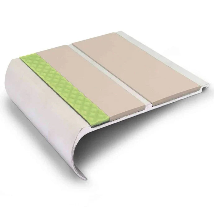 91 × 35mm Bullnose Aluminium Stair Nosing with Aluminator Glow Strip and PVC Grip Insert