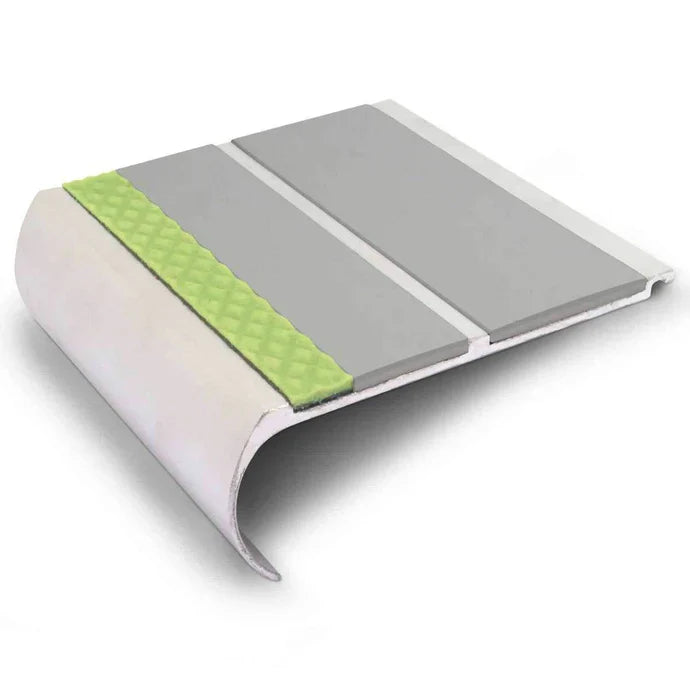 91 × 35mm Bullnose Aluminium Stair Nosing with Aluminator Glow Strip and PVC Grip Insert