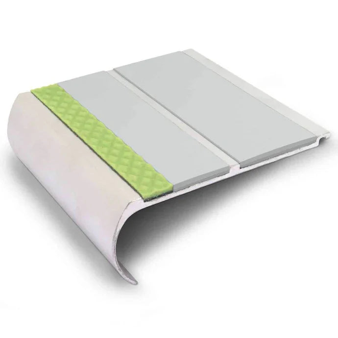 91 × 35mm Bullnose Aluminium Stair Nosing with Aluminator Glow Strip and PVC Grip Insert