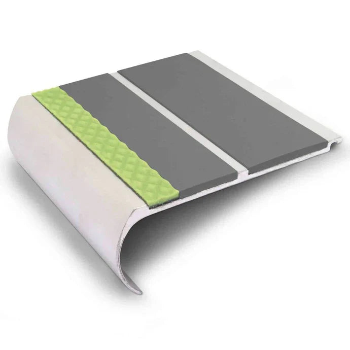 91 × 35mm Bullnose Aluminium Stair Nosing with Aluminator Glow Strip and PVC Grip Insert