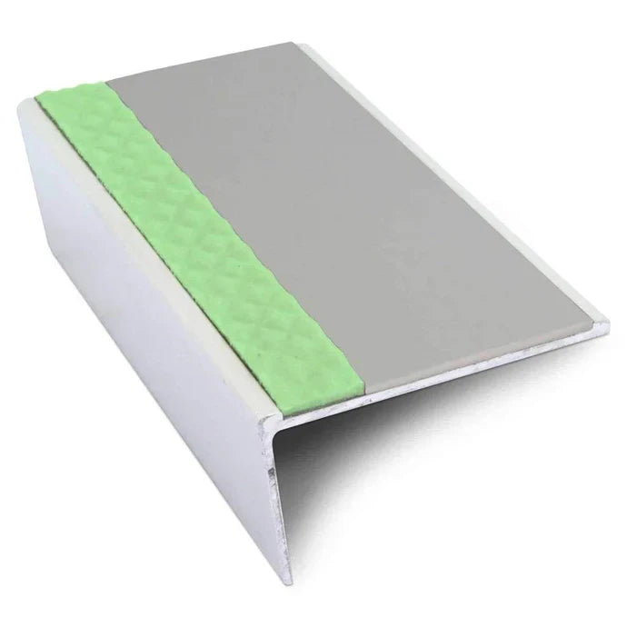 57 × 32mm Rakeback Aluminator Aluminium Stair Nosing with PVC Non-Slip Insert and Glow Strip