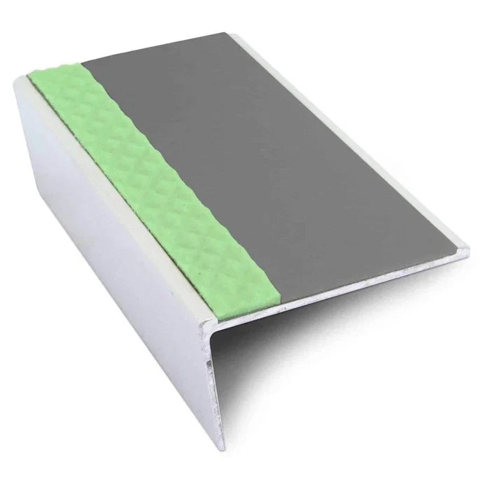 57 × 32mm Rakeback Aluminator Aluminium Stair Nosing with PVC Non-Slip Insert and Glow Strip