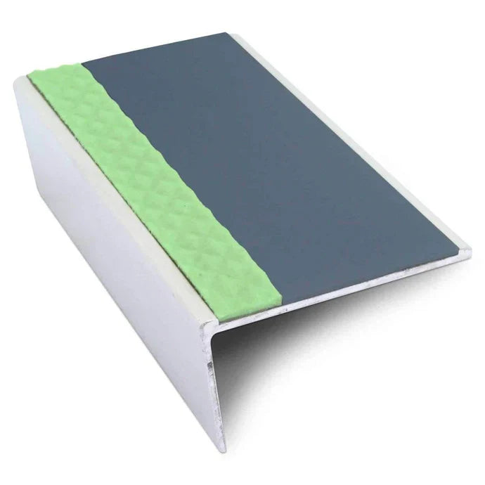 57 × 32mm Rakeback Aluminator Aluminium Stair Nosing with PVC Non-Slip Insert and Glow Strip
