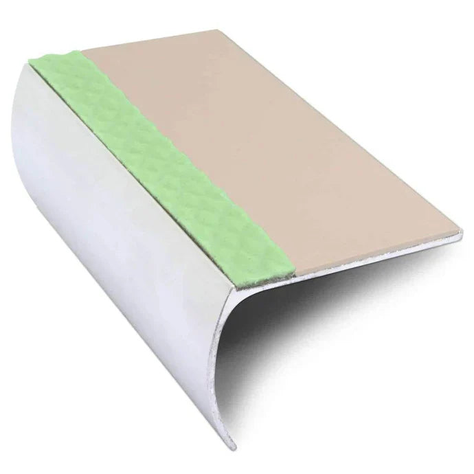 Bullnose Aluminium Stair Nosing 57 × 40mm with PVC Grip Insert and Aluminator Glow Strip