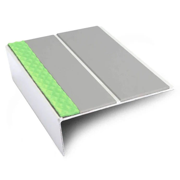 85 × 32mm Rakeback Stair Edge Trim in Aluminium with Twin PVC Inserts and Aluminator Glow Strip