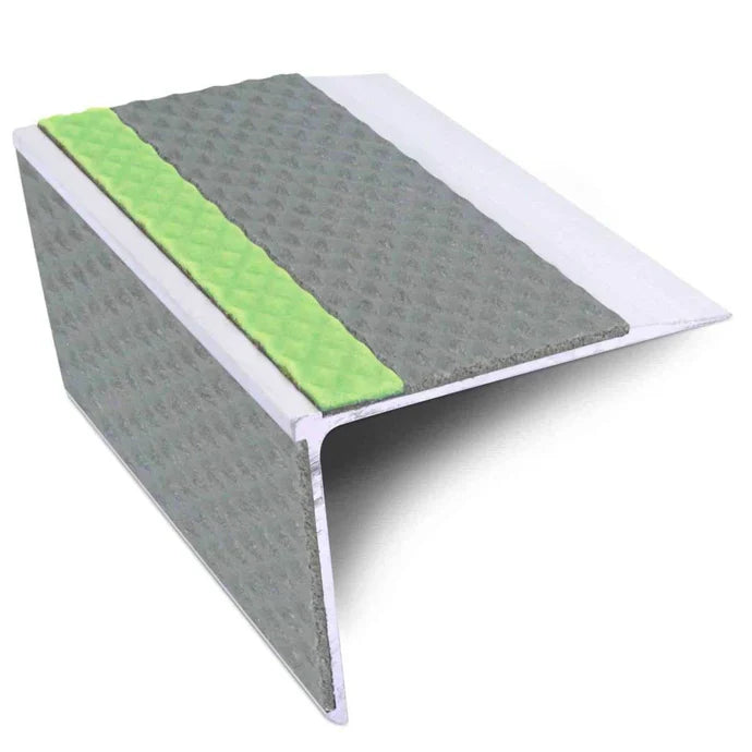 75 x 58mm Rakeback Aluminium Stair Nosing with Tredsafe PVC Inserts and Aluminator Glow Strip