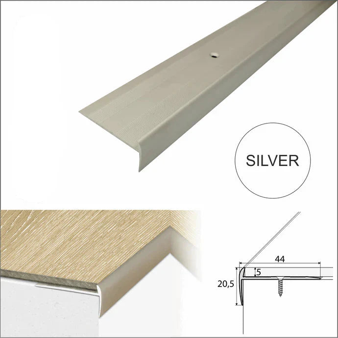 44 × 20.5mm Anodised Aluminium Stair Nosing for LVT Flooring – Screw Fixed Profile