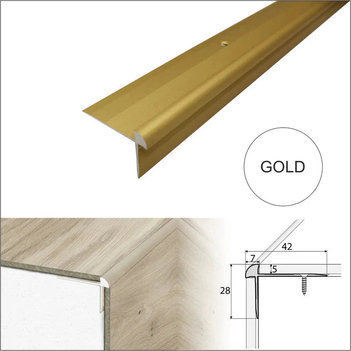 42 × 28mm Anodised Aluminium Outer Corner Stair Nosing for 5mm LVT – Screw Fixed