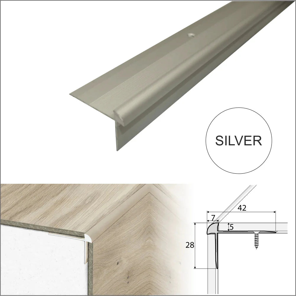42 × 28mm Anodised Aluminium Outer Corner Stair Nosing for 5mm LVT – Screw Fixed