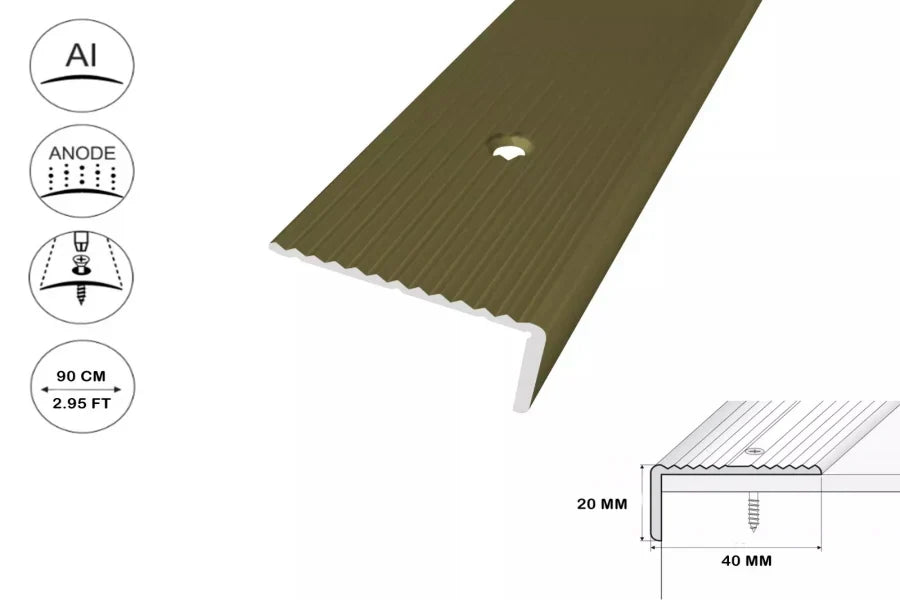 40mm x 20mm Anodised Aluminium Stair Nosing with Wide Anti-Slip Grooved Surface