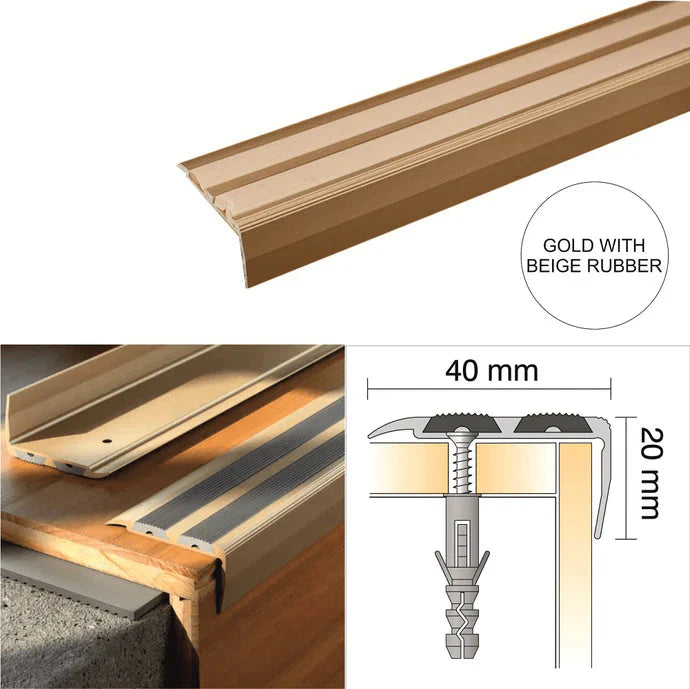 40 × 20mm Anodised Aluminium Stair Nosing Trim with Twin Non-Slip Rubber Inserts and Concealed Fixing