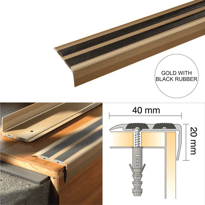 40 × 20mm Anodised Aluminium Stair Nosing Trim with Twin Non-Slip Rubber Inserts and Concealed Fixing