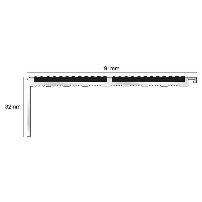 91 × 32mm Straight Edge Aluminium Stair Trim with Tredsafe Dual Anti-Slip Insert Channels