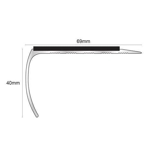 Bullnose Aluminium Stair Nosing 69 × 40mm with Ramped Tread and Non-Slip PVC Insert