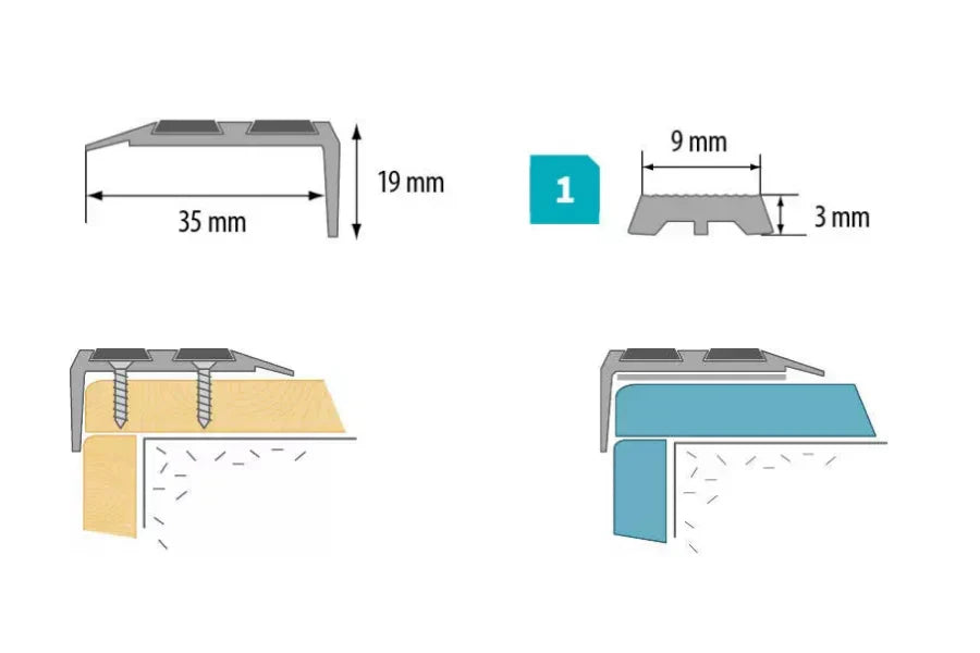 Anodised Aluminium Stair Nosing with Anti-Slip Rubber Insert – 35mm x 19mm