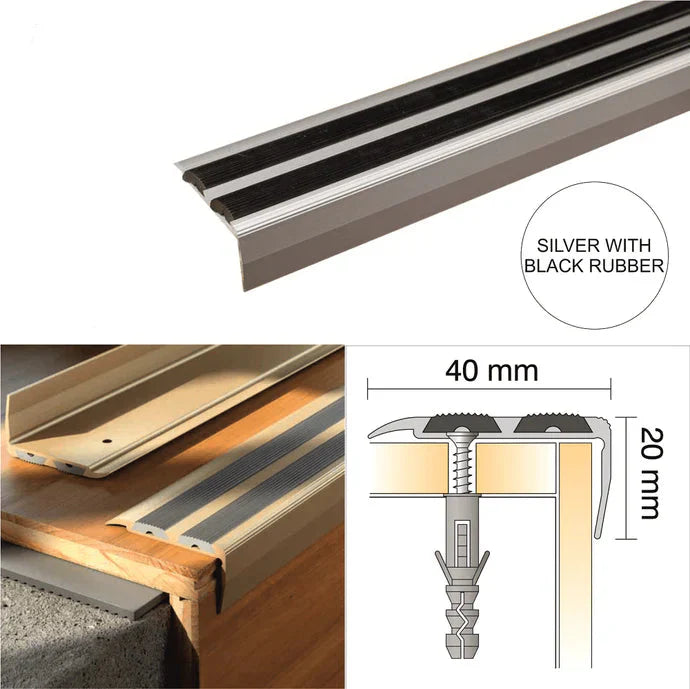 40 × 20mm Anodised Aluminium Stair Nosing Trim with Twin Non-Slip Rubber Inserts and Concealed Fixing