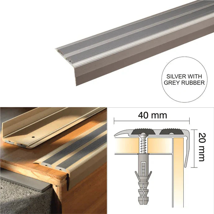 40 × 20mm Anodised Aluminium Stair Nosing Trim with Twin Non-Slip Rubber Inserts and Concealed Fixing