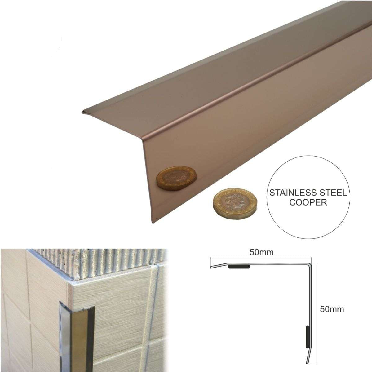 Self Adhesive Stainless Steel Wall Corner Protector 50×50mm – Bevelled Cladding Edge Trim