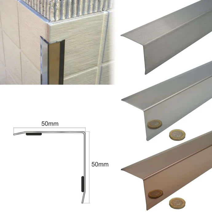 Self Adhesive Stainless Steel Wall Corner Protector 50×50mm – Bevelled Cladding Edge Trim