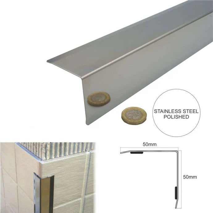 Self Adhesive Stainless Steel Wall Corner Protector 50×50mm – Bevelled Cladding Edge Trim