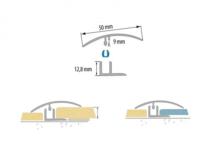50mm Push-In Anodised Aluminium Door Threshold Strip, 900mm Transition Strip in Silver or Gold