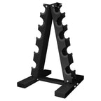 A black heavy-duty steel 3-tier dumbbell tree storage rack with a space-saving design for organizing weights in a home gym.